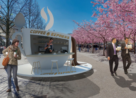 Unique Fiberglass Structure Mimicking a Coffee Cup with Photovoltaic Features for Efficient Urban Retail
