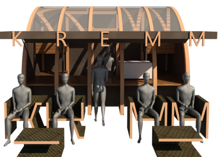 Cross-Braced Kiosk with Solar Panels and Natural Wood Elements for Urban Interaction