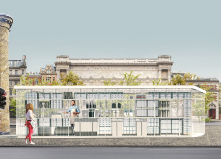 Coffee pavilion featuring a transparent polycarbonate facade and sustainable materials for community engagement