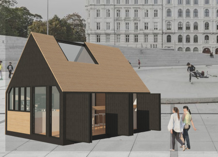 Portable Café Constructed with Recycled Wood and Thermal Cork for Community Engagement