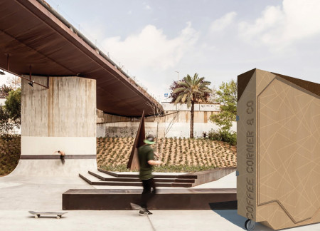 Modular Gathering Space Crafted From Oak Laminated Panels Beneath Urban Infrastructure