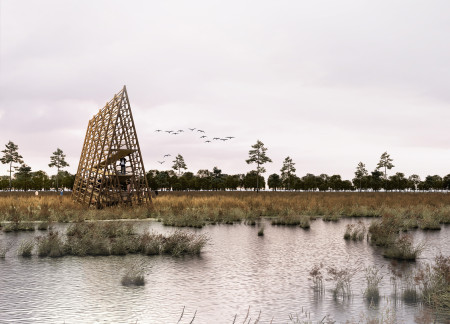 Observation platform featuring cross-laminated timber and charred wooden shingles in a natural wetland setting  