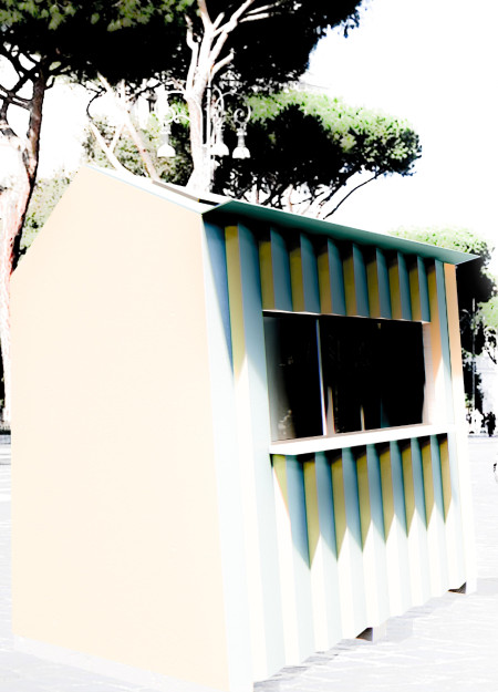 Graphic Coffee Kiosk Crafted With Color Bent Sheet Metal and Sustainable Cork Insulation  