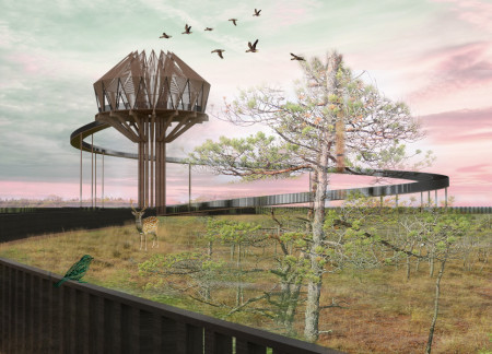 Curved Ramp Adorned With Charred Wooden Shingles Embraces Nature in Sustainable Timber Observation Point