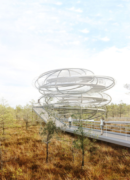 Spiral Aluminum Cladding Weaving Through a Natural Landscape Observation Platform