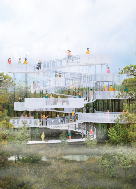 Spiral Ramp Structure in Reinforced Concrete and Timber Integrates Seamlessly into Kemeru National Park