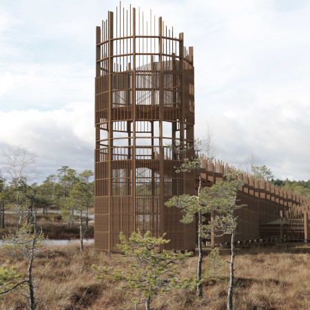 Curvilinear Arches and Weathering Steel Frame Elevate Timber Structure as an Observation Platform  