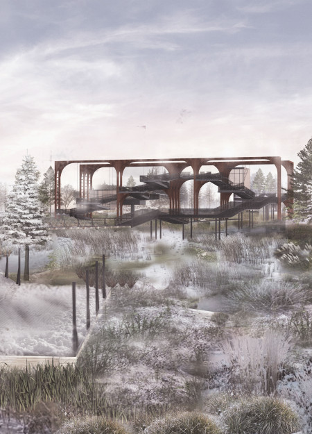 Observation tower designed with Corten steel and galvanized mesh for sustainable engagement with nature