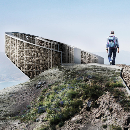 Curvilinear Viewing Platform Crafted from Local Volcanic Stone and Stainless Steel  