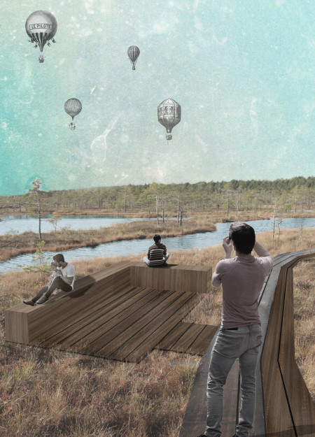 Elevated Steel Framework and Wood Decking in a Nature-Integrated Experience Tower  