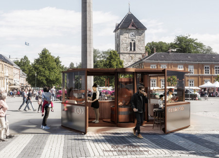Curvilinear Coffee Kiosk Made from Shipping Container and Glass in Urban Marketplace