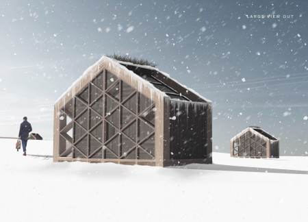Community center featuring cross-laminated timber panels and charred wooden shingles for sustainable design