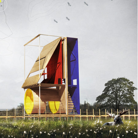 Observation tower incorporating sustainable pine wood and geometric design elements within a natural park setting  