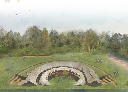 Circular Structure with Earth Walls and Green Roof Integration for Community Engagement