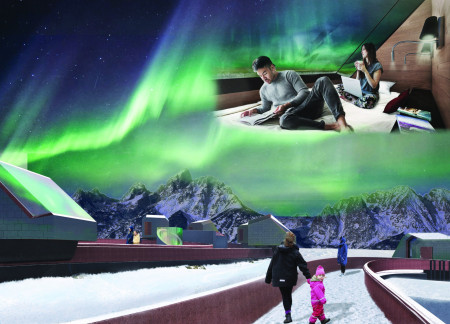 Reflective Metal Panels and Natural Wood Create an Interactive Space Embracing the Northern Lights