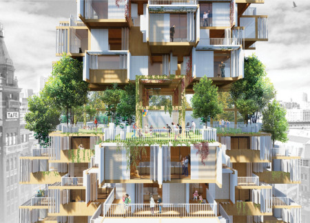 Residential units featuring cross-laminated timber and communal gardens in an urban setting  