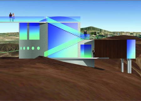 Eye-Shaped Structure With Concrete and Translucent Glass Overlooking Volcanic Landscape