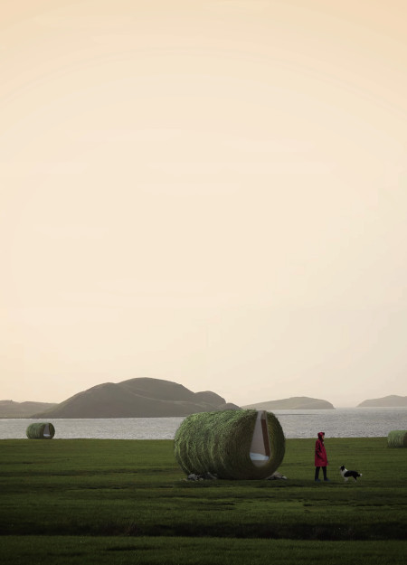 Turf Roofed Retreats Crafted from Traditional Hay Bales and Local Stone