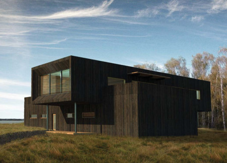 Charred Wood and Volcanic Stone Retreat Emphasizing Northern Light Views  