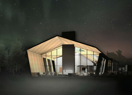 Nature-focused accommodation featuring cross-laminated timber panels and charred wooden shingles in a serene landscape.