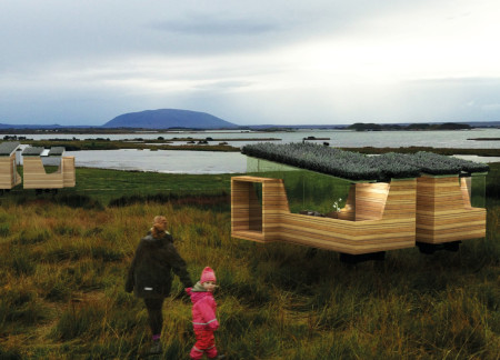 Mobile Units with Basalt and Turf Roofs Blending into the Icelandic Landscape