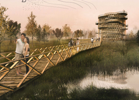 Spiral Observation Platform Featuring Diagrid Structure and Rainwater Harvesting in Timber Landscape