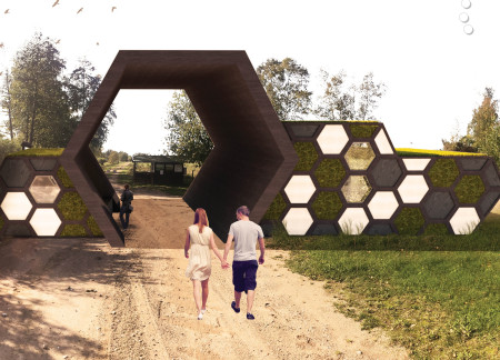 Hexagonal Nature Hub Crafted from Sustainable Timber with Living Roof Integration