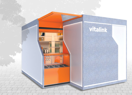 Transformable UV-Glass Kiosk Featuring Durable Concrete Panels and Maple Wood Finishes