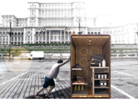 Transformable Kiosk Crafted From Natural Stone and Metal Cladding Enhancing Urban Interaction
