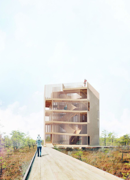 Pentagonal Observation Structure Crafted from Massive Wood with Silicone Finish for Community Engagement  