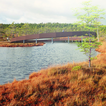 Corten Steel Observation Tower Featuring a Circular Ramp Above Marshlands  