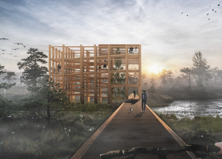 Spiral Ramp Structure Featuring Charred Wooden Shingles and Central Void for Nature Observation