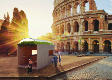 Green Roof Coffee Kiosk Crafted From Plywood and Polycarbonate in Historical Urban Context  