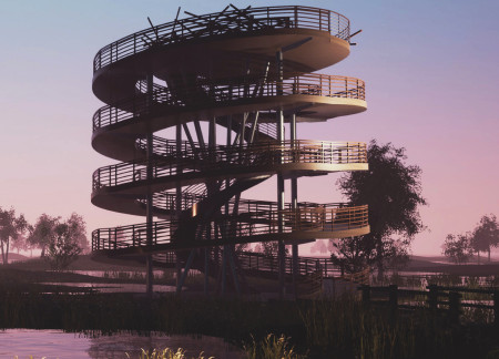 Nest-Inspired Viewing Tower with Locally Sourced Oak and Spiral Ramp in a National Park Setting