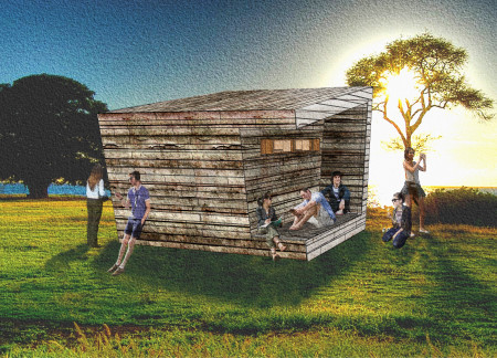 Timber Cladding and Slanted Roofs Create a Compact Coffee Kiosk Emphasizing Community Interaction