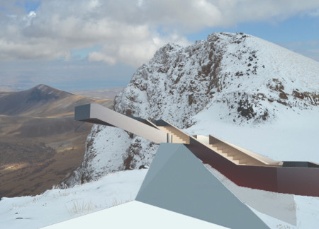 Sculptural Observation Platform Embracing Reinforced Concrete and Glass Amidst Volcanic Terrain  