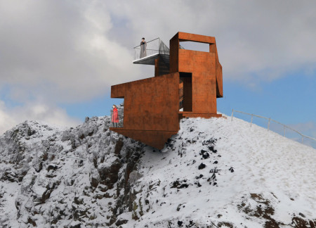 COR-TEN Steel Pavilion Harmonizing With Volcanic Stone Amidst Enchanting Landscapes  