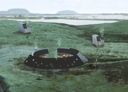 Curved Roofs of Charred Shingles and Cross-Laminated Timber Nestled Amidst Mývatn's Natural Landscape