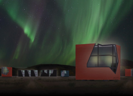 Charred Wooden Shingles Complementing Steel Framework in Modular Lodging for Aurora Viewing