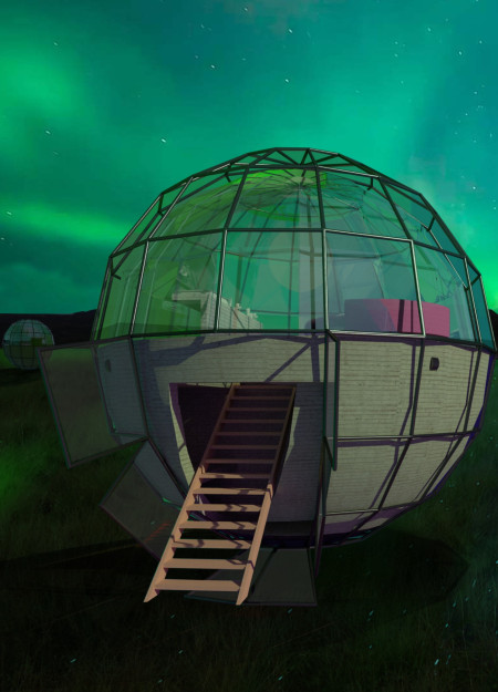 Spherical Living Spaces Featuring Holotronic Movement and Sustainable Concrete Construction for Aurora Observation