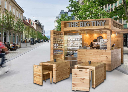 Modular Pinewood Kiosk With Galvanized Steel Accents Enhancing Urban Coffee Culture