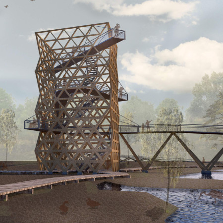Triangular Lattice Observation Tower Crafted From Glulam and Steel Within A Serene Wetland Landscape