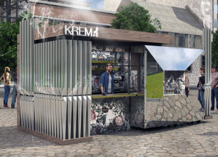 Transformative Dual-Position Coffee Kiosk with Reflective Metal and Natural Wood Elements