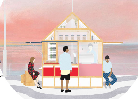 Plywood Structure with Retractable Awnings Creating Inviting Urban Café Experience  