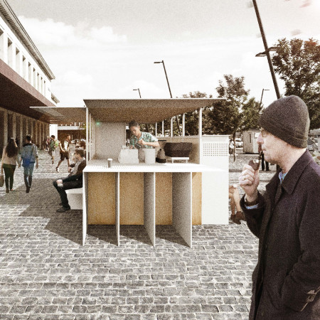 Responsive Glass Facade and Plywood Structure Enhancing Urban Interaction in a Community Kiosk