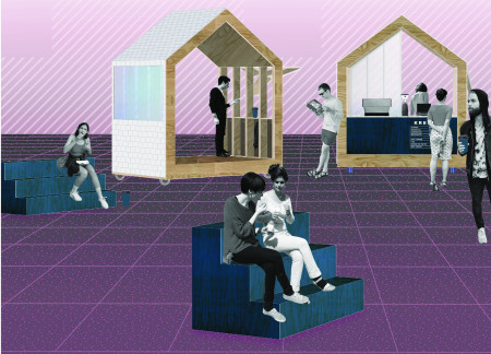 Iridescent Glazing and Mobile Seating Create a Dynamic Community Kiosk in Urban Settings