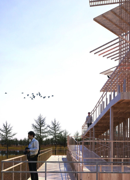 Lattice Structure Made of Sustainable Timber Showcasing Elevated Views Over Coastal Wetlands