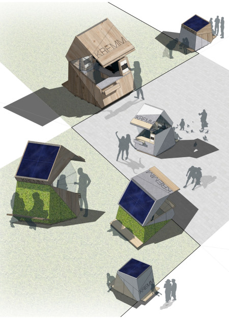 Moss-Covered Kiosk Featuring Upcycled Wood and Solar Panels for Urban Gathering