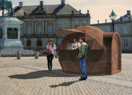 Geometric Coffee Kiosk Crafted from Graphite Polystyrene and Spruce Wood