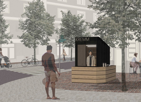 Mocha Stained Wood and Fiberglass Insulation in a Versatile Urban Kiosk
